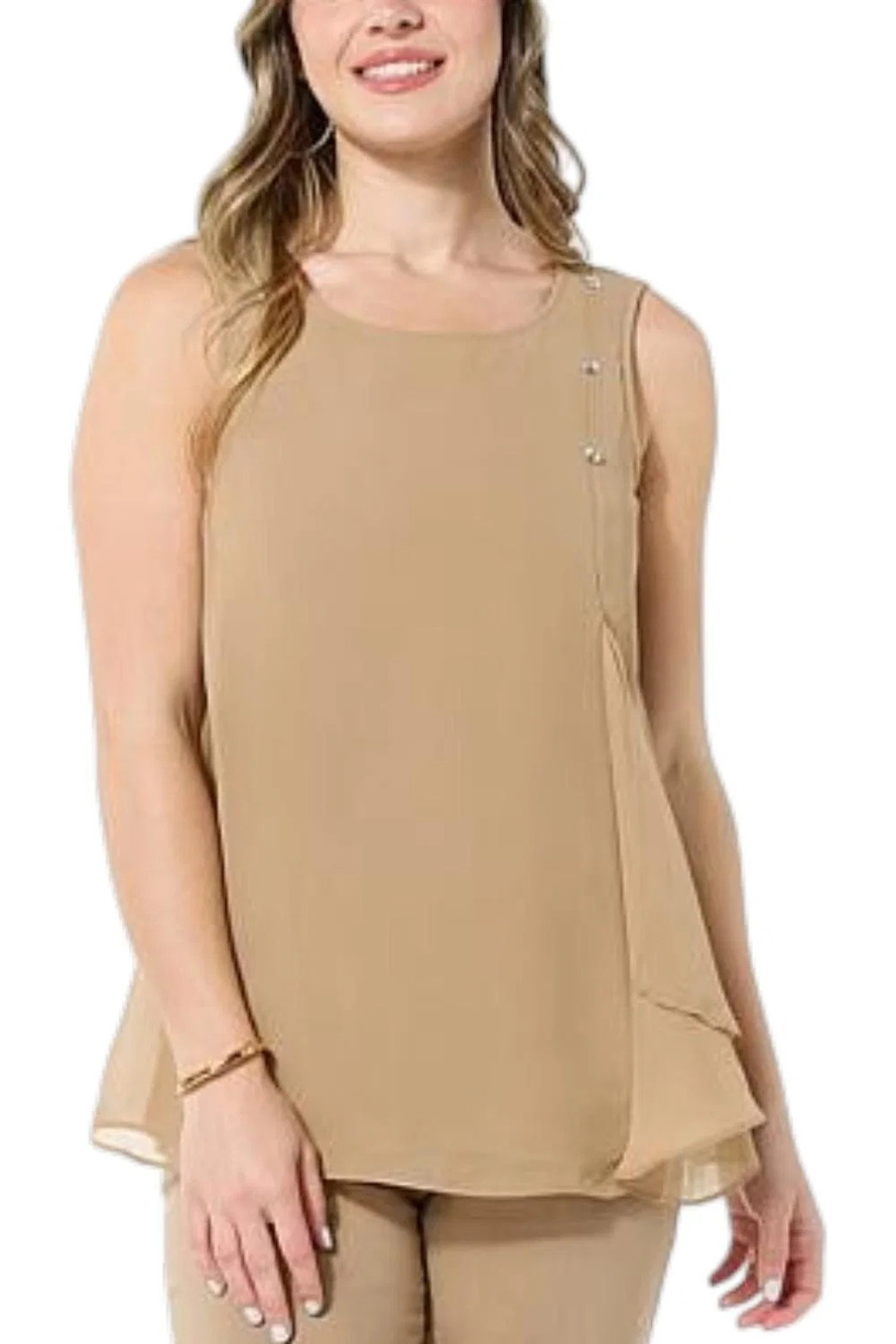 Nina Leonard Women's Cascading Chiffon Sleeveless Top Tan - Regular